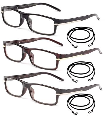 Unisex Slim Reading Glasses 3 Pack Rectangular Frame with Metal Stripe on Arm Spring Temple in Value Pack with Lanyard for Men & Women Reading Glasses 1.00