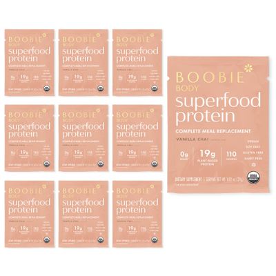 Boobie Body Superfood Protein Meal Replacement Shake, Vanilla Chai Flavor | 19g Protein | Safe For Pregnancy, Lactation, & Motherhood | Organic, Vegan, Zero Sugar, 10 Single Serve Packets (1.02 oz each)