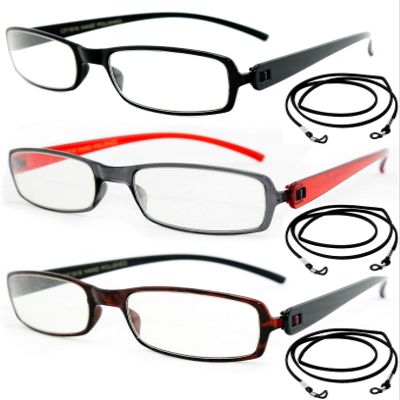 3 Value Pack Reading Glasses Super Light Weighted Reading Glasses 1.5 Flat Slim Rectangular Frame Screwless Reading Glasses with Lanyard