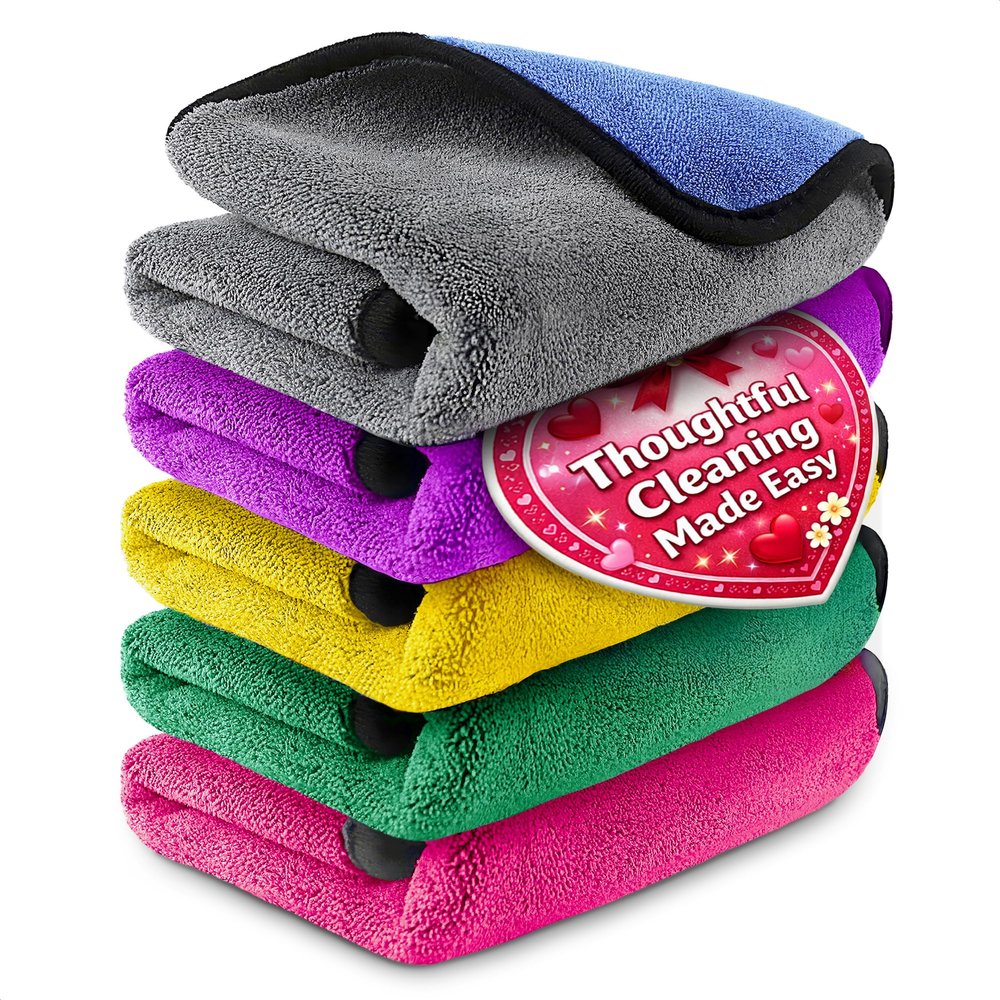 5 Pcs Thick Microfiber Cleaning Cloth Dual-Layer Cleaning Rags, High-Tensile GSM 600 Fabric, Crafted for Effective Use 11.8x11.8 Inches Microfiber Towels for Car Detailing, Window, Glass and House
