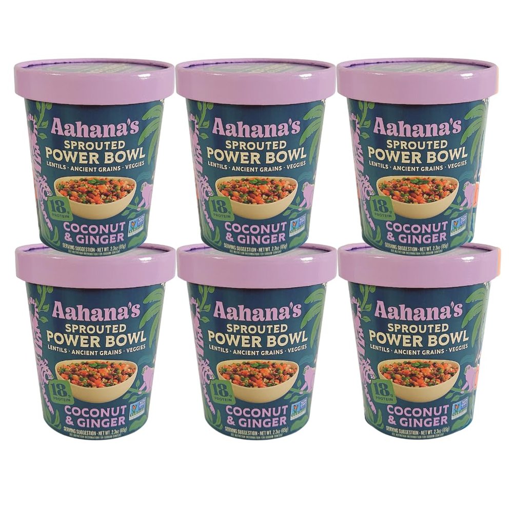Aahanas Coconut & Ginger Sprouted Power Bowl - Gluten-Free Plant-Based Instant Meal with Sprouted Lentils and Grains - 18g Protein, 14g Fiber, Vegan, Non-GMO, Kosher - Ready in 5 Minutes (6 Pack)