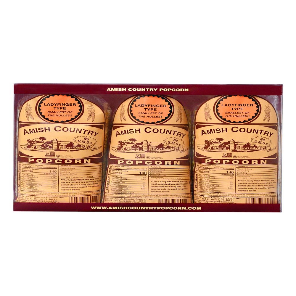 Amish Country Popcorn | 3 (1 Lb Bags) Ladyfinger Kernels Gift Set | Old Fashioned, Non-GMO and Gluten Free