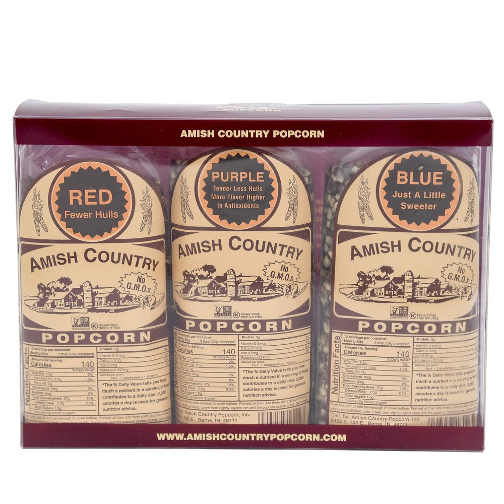 Amish Country Popcorn | 3 (1 Lb Variety Gift Set) - Red, Purple & Blue Kernels | Old Fashioned, Non-GMO and Gluten Free