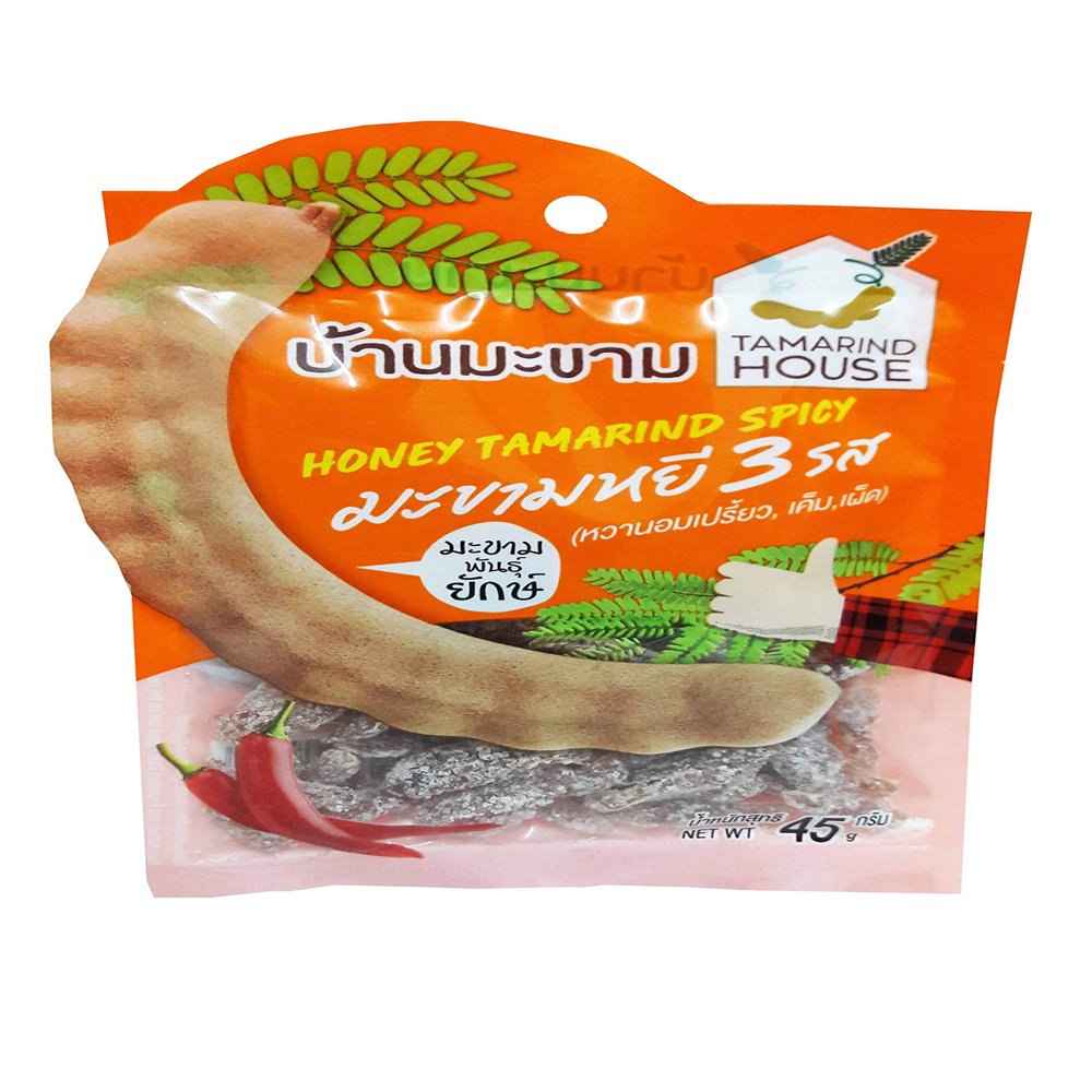 4 Packs of Honey Tamarind Spicy 3 Tastes, Sweet and Sour, Salty, Spicy. Selected premium Delicious fruit snack by Tamarind House Brand, Thailand. (45 g./pack)
