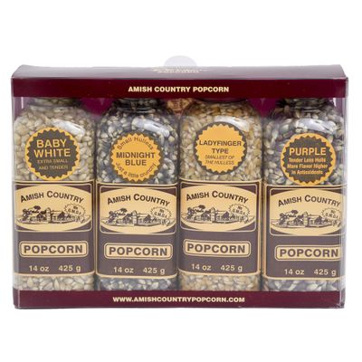 Amish Country Popcorn | Popcorn Kernel Variety Set | 4-14 oz Bottles | Baby White, Midnight Blue, Ladyfinger, Purple Popcorn Kernels | Old Fashioned, Non-GMO and Gluten Free (4-14 oz Bottles)