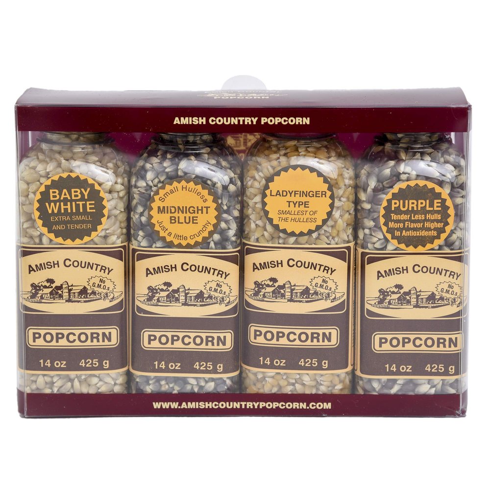Amish Country Popcorn | Popcorn Kernel Variety Set | 4-14 oz Bottles | Baby White, Midnight Blue, Ladyfinger, Purple Popcorn Kernels | Old Fashioned, Non-GMO and Gluten Free (4-14 oz Bottles)