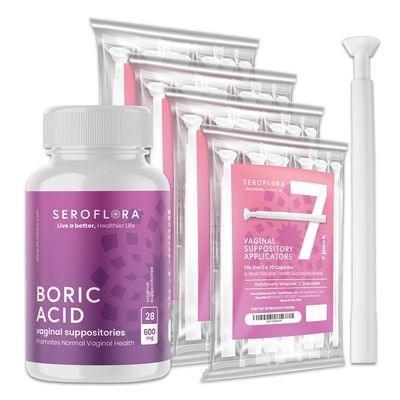 Seroflora Boric Acid 600mg Feminine Capsules, Feminine pH Support, Intimate Freshness for Women, Fast-Dissolving Capsules (30 Count) with Applicators (28 Count)