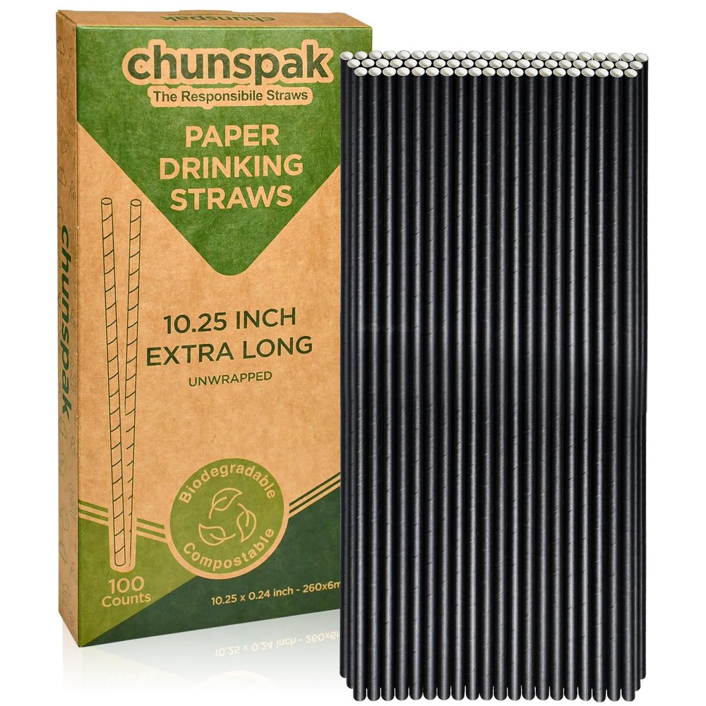 10 Inch Tall Disposable Black Paper Drinking Straws, 0.24" Diameter - Pack of 100