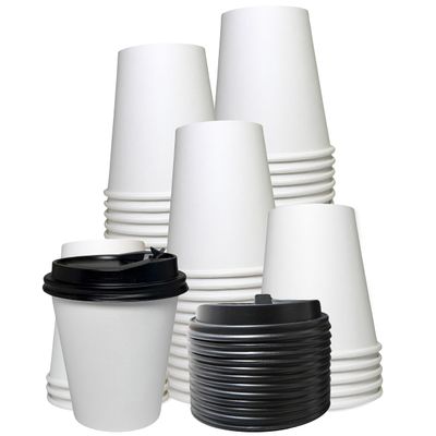 EcoQuality Medium 12oz White Paper Coffee Cups with Black Lids - (300 Count) Disposable Paper Coffee Cups - Hot Drink, Tea, Coffee, Cappuccino, Hot Chocolate, Chai, Chai Latte, Office,Travel