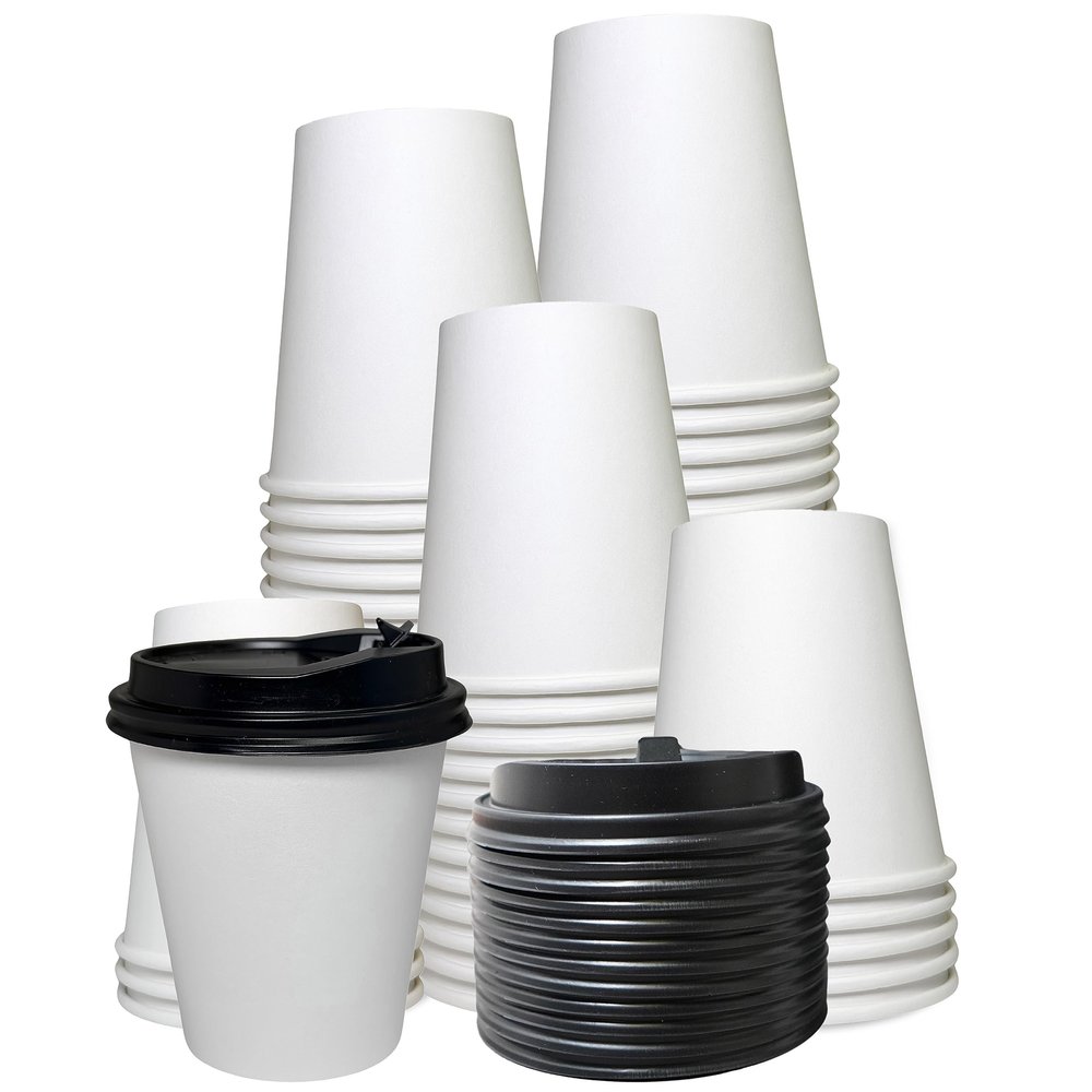 EcoQuality Medium 12oz White Paper Coffee Cups with Black Lids - (300 Count) Disposable Paper Coffee Cups - Hot Drink, Tea, Coffee, Cappuccino, Hot Chocolate, Chai, Chai Latte, Office,Travel