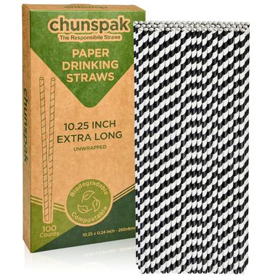 10.25" Long Disposable Paper Drinking Straws, 0.24" Diameter - Black/White Striped, Pack of 100