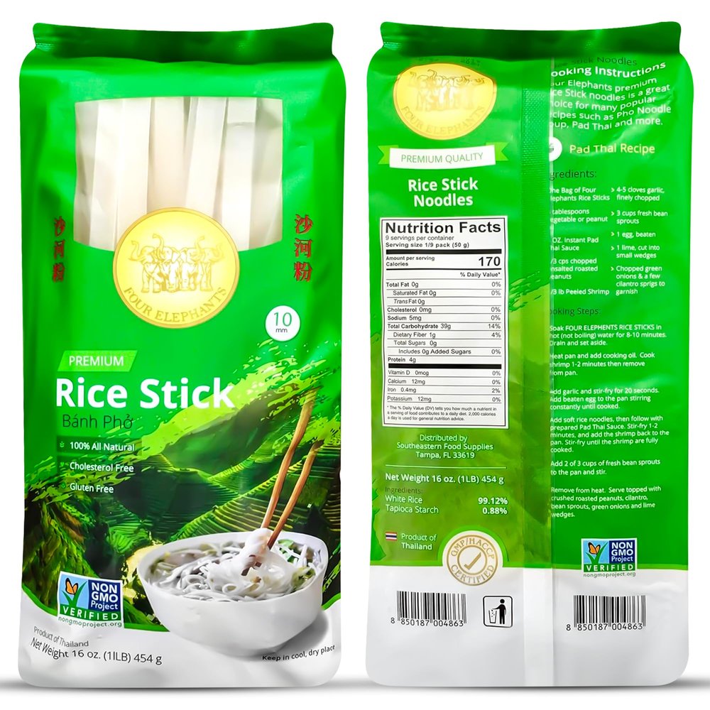 10MM Rice Stick Noodles (Authentic) | Pack of 3 (3LB) | 1LB 454g Per Pack | Use For Pad Thai & Pho | DIY Cooking Instructions Included | Four Elephants Brand