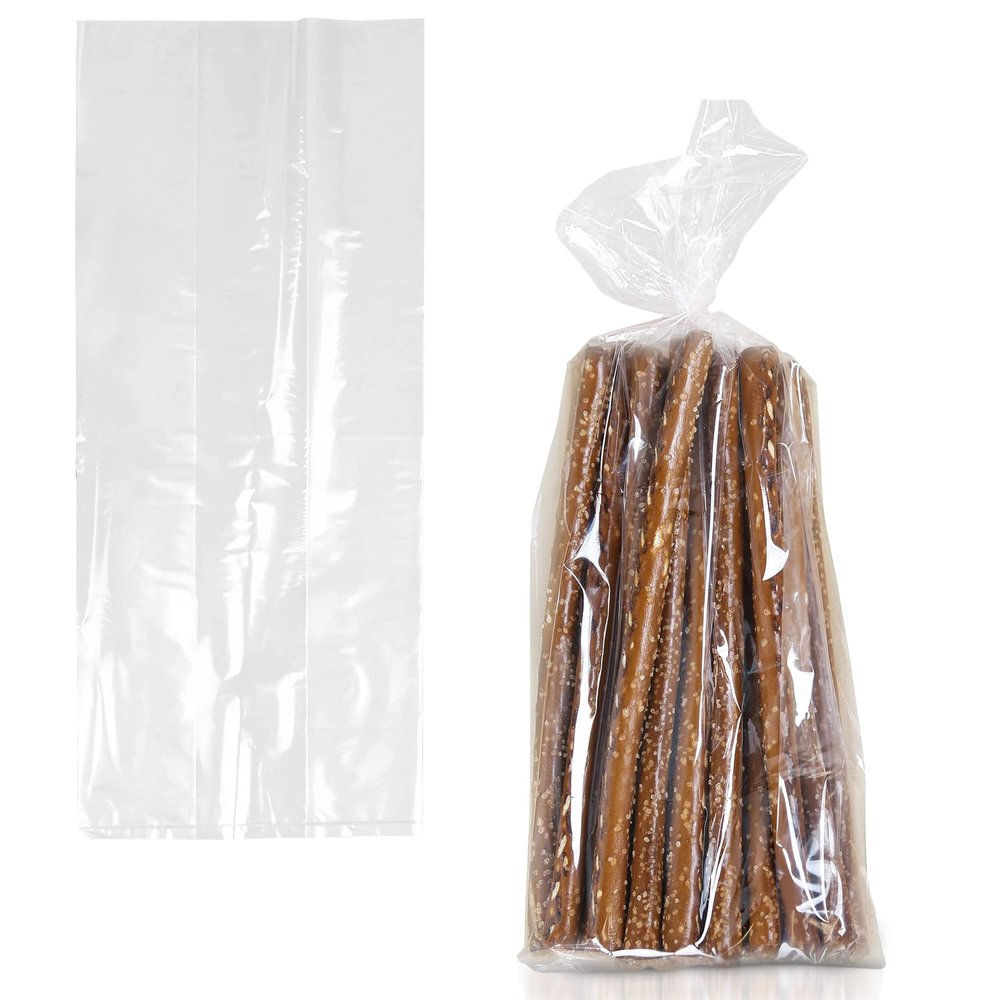 APQ Clear Gusseted Poly Bags, 8 x 4 x 18 Inches. Pack of 100 Waterproof Side Gusseted Plastic Bags with Open Top. 2 Mil Thick Flat Bottom Clear Bag for Packaging Popcorn, Cookies, Bread