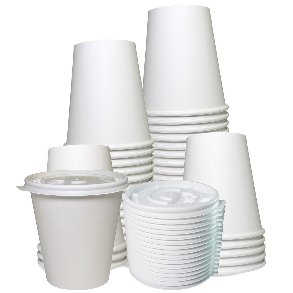 EcoQuality Durable Disposable Paper Cups & Flat Lids For Hot/Cold Drink, Coffee, Tea, Cocoa, Travel - Medium 12 Ounce Cups, 400 Count Cups & 400 Count Lids - White