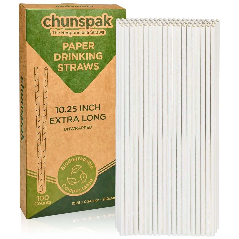 10 Inch Long Paper Drinking Straws, 0.24" Diameter - White, 100 counts