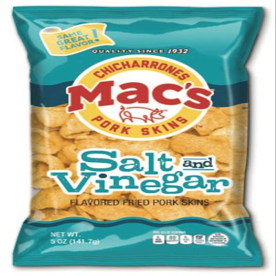 Mac's Salt & Vinegar Pork Skins - Low Carb, Keto Friendly Snack - Crunchy Chicharrones / Pork Rinds (5 oz, 8 ct) (Salt & Vinegar)