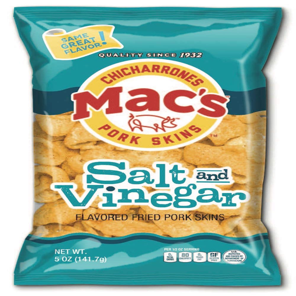 Mac's Salt & Vinegar Pork Skins - Low Carb, Keto Friendly Snack - Crunchy Chicharrones / Pork Rinds (5 oz, 8 ct) (Salt & Vinegar)