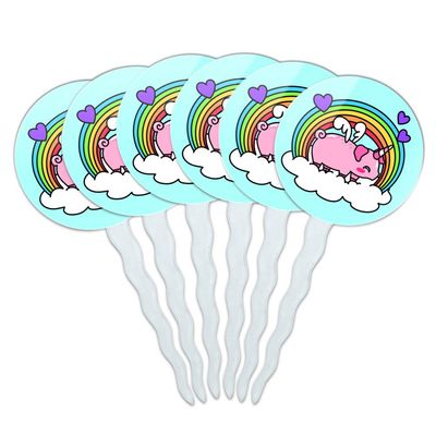 Cute Unicorn Pig with Rainbow Cupcake Picks Toppers Decoration Set of 6