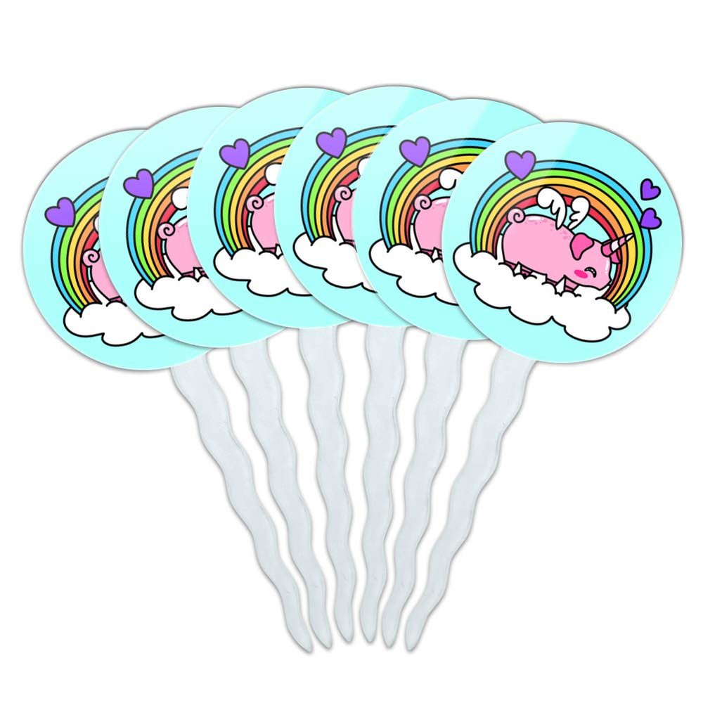 Cute Unicorn Pig with Rainbow Cupcake Picks Toppers Decoration Set of 6