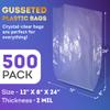APQ Supply Clear Gusseted Poly Bags, 12 x 8 x 24 Inches. Pack of 500 Side Gusseted Plastic Bags with Open Top. Crystal Clear Baggies for Treats. Tear-Resistant 2 Mil Polyethylene Flat Bottom Bag view 2
