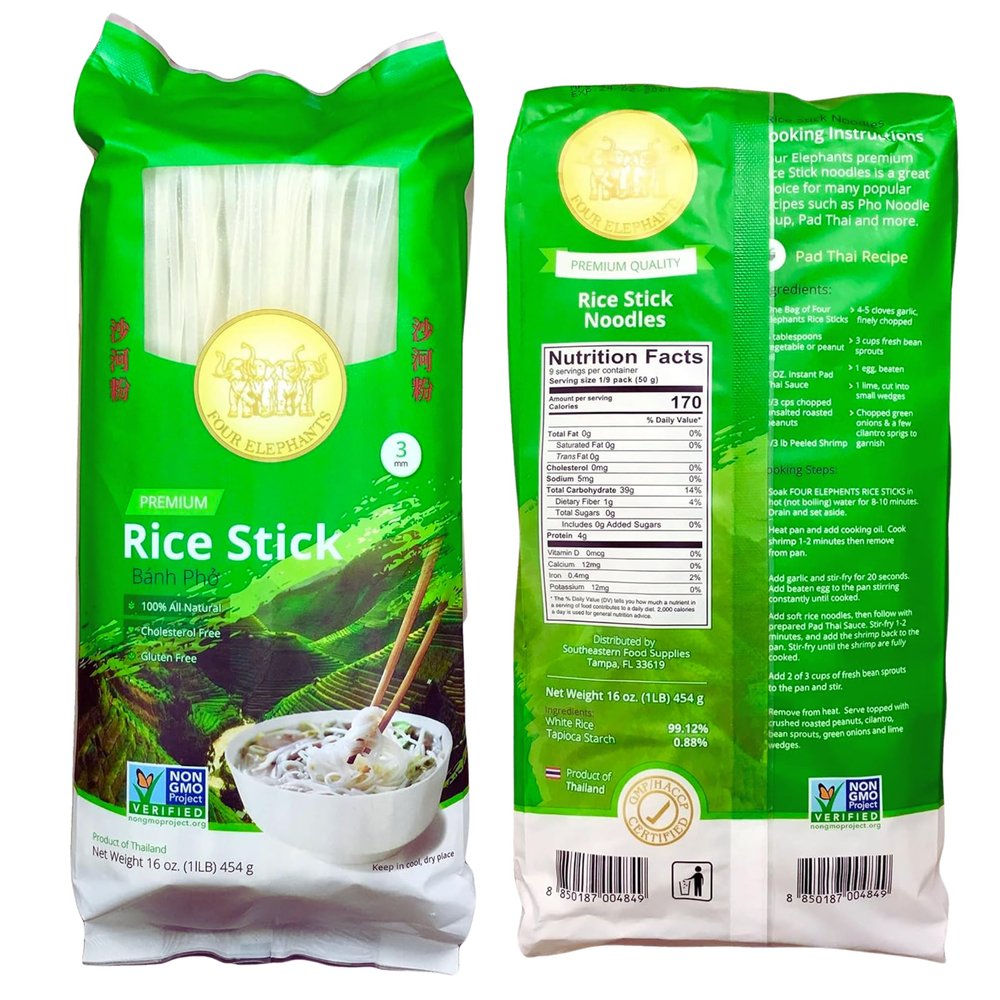 3MM Rice Stick Noodles (Authentic) | Pack of 3 | 1LB 454g Per Pack | Use For Pad Thai & Pho | DIY Cooking Instructions Included | Four Elephants Brand