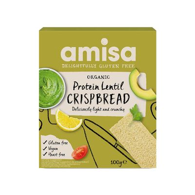 Correct Title: Amisa Organic Gluten-Free Protein Lentil Crispbread, 100g - Yeast Free & Low Carb - Plant-Based Protein - The Perfect Vegan Snack