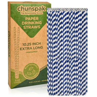 10 Inch Long Disposable Drinking Straws Paper - Navy Blue Striped, 100 Counts - 100% Biodegradable