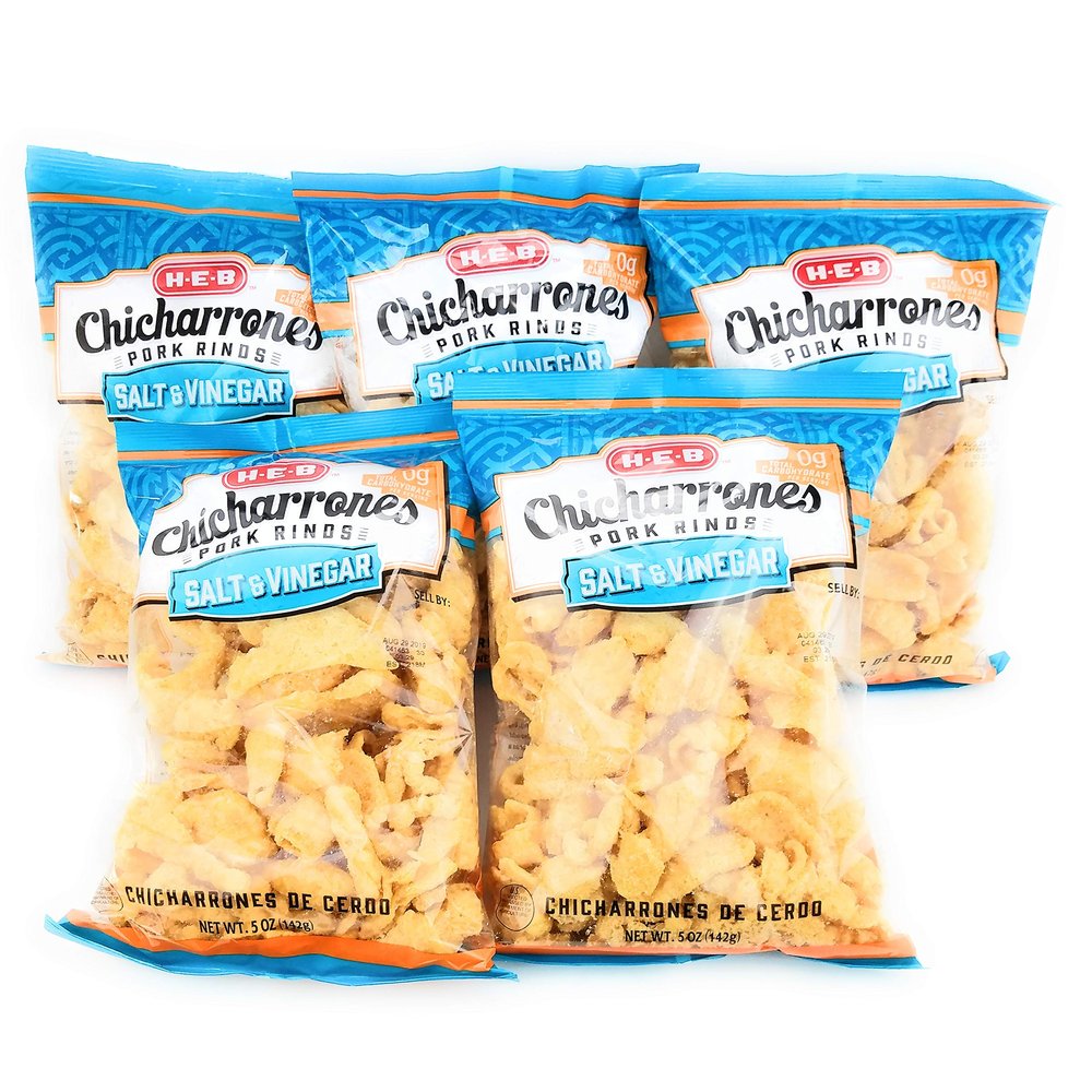 HEB Chicharrones Pork Rinds SALT & VINEGAR Flavor (Pack of 5) | Keto Snacks, Low Carb, High Protein, Gluten Free | Large 5oz Bags