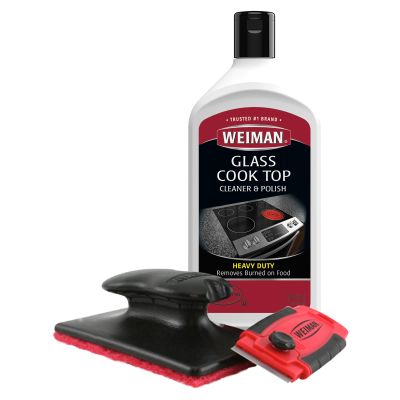 Weiman Glass Cooktop Cleaner Kit - Remove Burned on Food, Grease & Grime and Polish Stovetop, Ceramic & Induction, Streak Free, Cleaning Supplies, 20 Oz, Scrubbing Pad, Razor Scraper