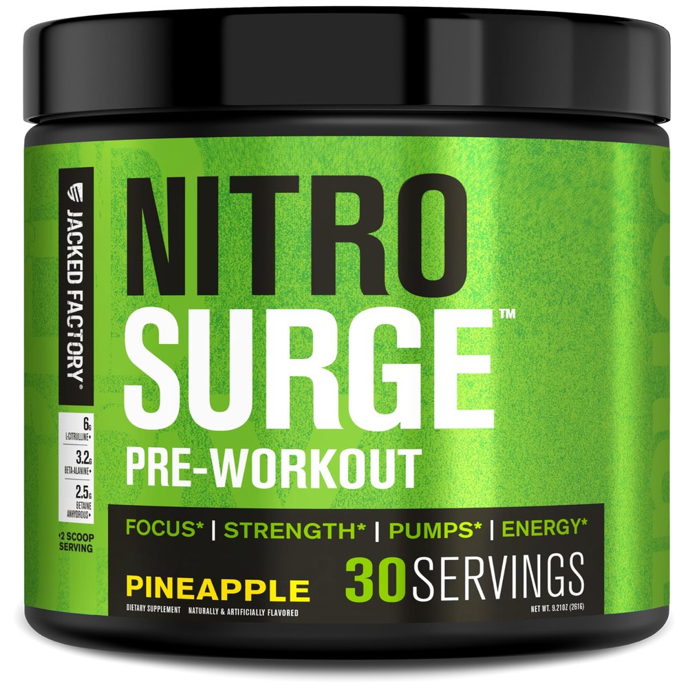 Jacked Factory NITROSURGE Pre Workout Supplement - Endless Energy, Instant Strength Gains, Clear Focus, Intense Pumps - NO Booster & Powerful Preworkout Energy Powder - 30 Servings, Pineapple