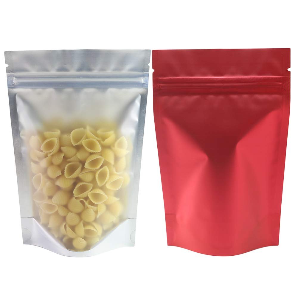 100pcs Frosted Clear Window Stand Up Colored Metallic Foil Resealable Zipper Seal Bags (Red, Standup | 2oz)