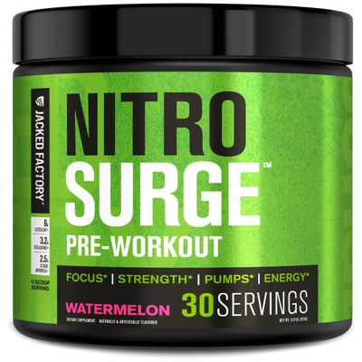 Jacked Factory NITROSURGE Pre Workout Supplement - Endless Energy, Instant Strength Gains, Clear Focus and Intense Pumps - NO Booster & Powerful Preworkout Energy Powder - 30 Servings, Watermelon