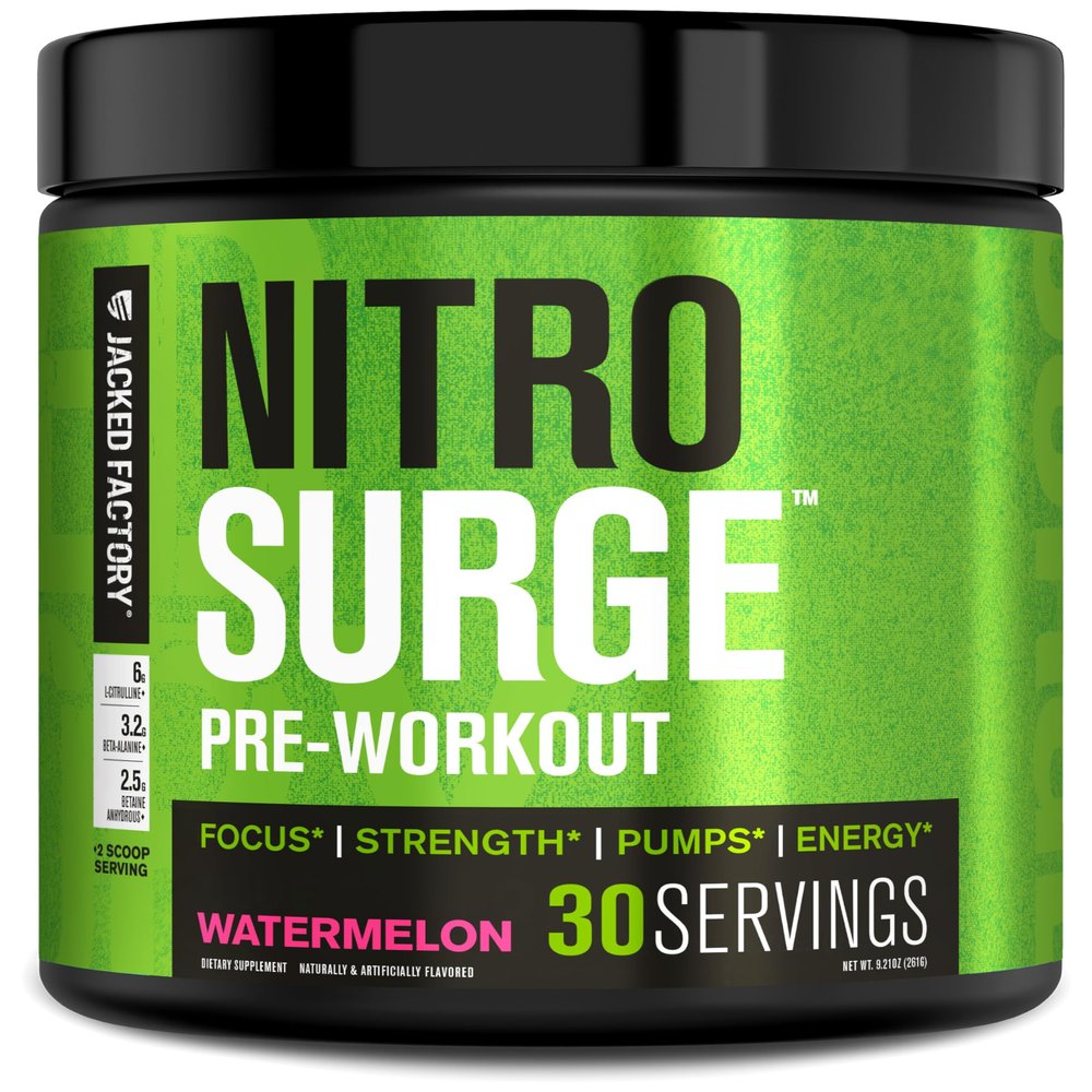 Jacked Factory NITROSURGE Pre Workout Supplement - Endless Energy, Instant Strength Gains, Clear Focus and Intense Pumps - NO Booster & Powerful Preworkout Energy Powder - 30 Servings, Watermelon