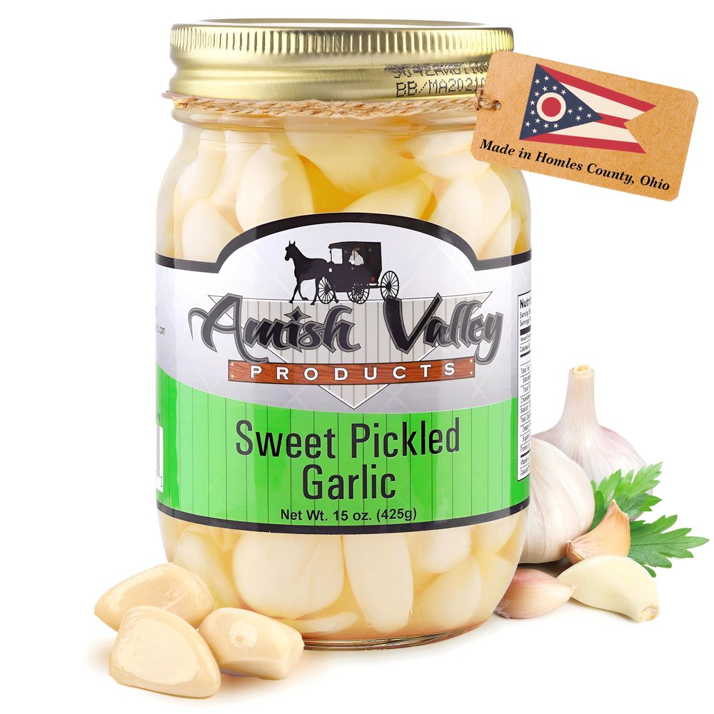 Amish Valley Products Country Pickled Garlic Sweet or Hot Flavor 15 oz Glass Jar (SWEET, 1-15oz JAR)
