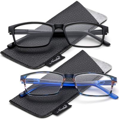 2 Pack Slim Reading Glasses Light Weight Simple Rectangular Shape Fashionable Colors with Carrying Pouch