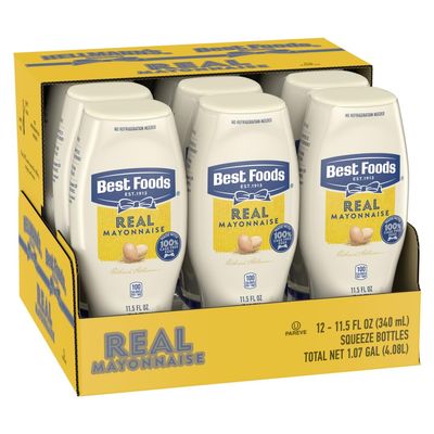 Best Foods Real Mayonnaise Squeeze Bottle Made from 100% Recycled Plastic, No-Mess Cap, Condiment for Sandwiches, Salads, Mayo Made with Cage Free Eggs, Gluten Free, 11.5 oz, Pack of 12