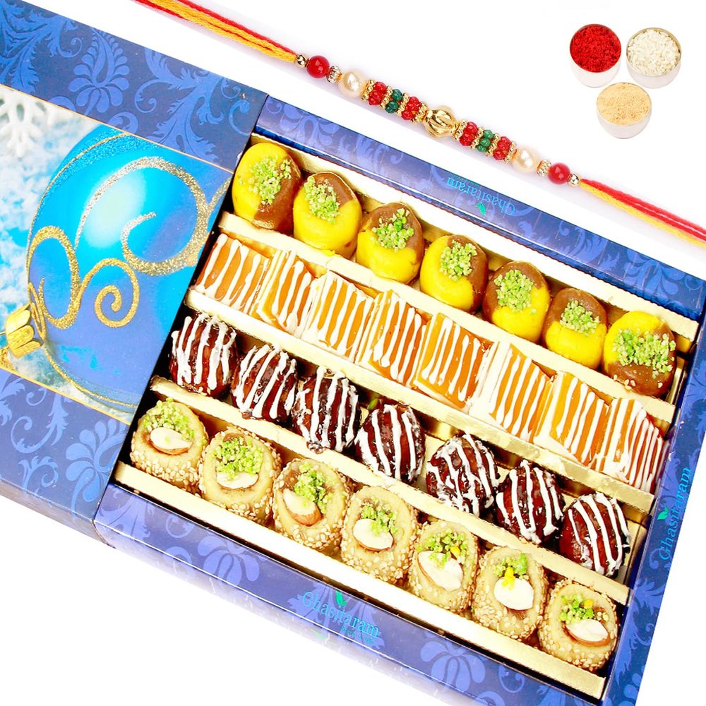 Ghasitaram Gifts Rakhi Gifts for Brothers Rakhi Sweets - Ghasitaram Gifts - Assorted Exotic Mix Sweets 800 GMS with Beads Rakhi