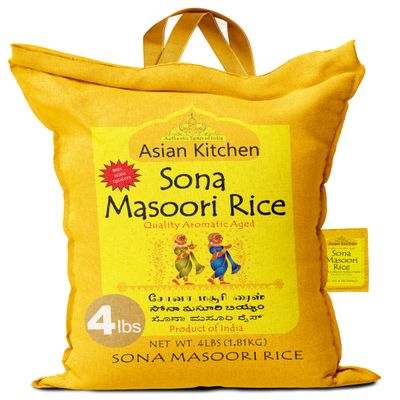 Asian Kitchen White Sona Masoori Aged Rice 4-Pound Bag, 4lbs (1.81kg) Short Grain Rice ~ All Natural | Gluten Friendly | Vegan | Indian Origin | Export Quality