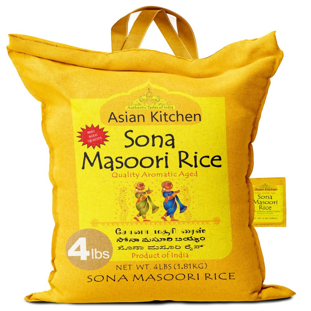 Asian Kitchen White Sona Masoori Aged Rice 4-Pound Bag, 4lbs (1.81kg) Short Grain Rice ~ All Natural | Gluten Friendly | Vegan | Indian Origin | Export Quality