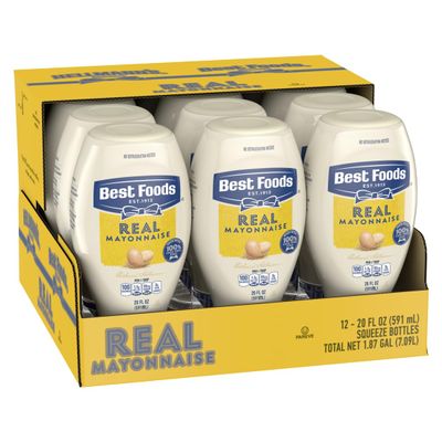 Best Foods Real Mayonnaise Squeeze Bottle Made from 100% Recycled Plastic, No-Mess Cap, Condiment for Sandwiches, Salads, Mayo Made with Cage Free Eggs, Gluten Free, 20 oz, Pack of 12