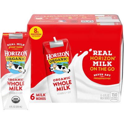 Horizon Organic Shelf Stable Whole Milk Boxes, 8 fl oz, 6 Count - 8g Protein per Serving, USDA Organic, Ready to Drink for Lunchbox, Travel, or On-the-Go, No Refrigeration Needed