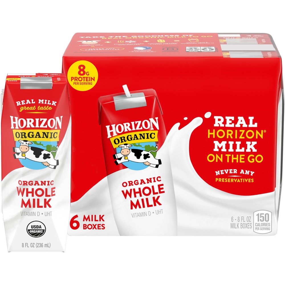 Horizon Organic Shelf Stable Whole Milk Boxes, 8 fl oz, 6 Count - 8g Protein per Serving, USDA Organic, Ready to Drink for Lunchbox, Travel, or On-the-Go, No Refrigeration Needed