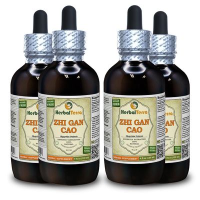 Zhi Gan Cao (Glycyrrhiza Uralensis) Tincture, Organic Dried Processed Root Powder Liquid Extract (Brand Name: HerbalTerra, Proudly Made in USA) 4x4 fl.oz (4x120 ml)