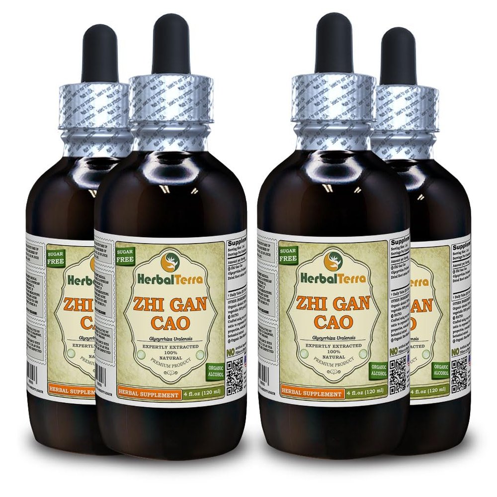 Zhi Gan Cao (Glycyrrhiza Uralensis) Tincture, Organic Dried Processed Root Powder Liquid Extract (Brand Name: HerbalTerra, Proudly Made in USA) 4x4 fl.oz (4x120 ml)