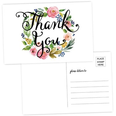 50 Thank You Postcards-Blank Thank You Note Card, Floral Watercolor Calligraphy Note Card Stationery for Wedding, Bridesmaid, Bridal or Baby Shower, Teachers, Business.