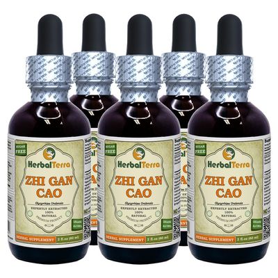 Zhi Gan Cao (Glycyrrhiza Uralensis) Tincture, Organic Dried Processed Root Powder Liquid Extract (Brand Name: HerbalTerra, Proudly Made in USA) 5x2 fl.oz (5x60 ml)