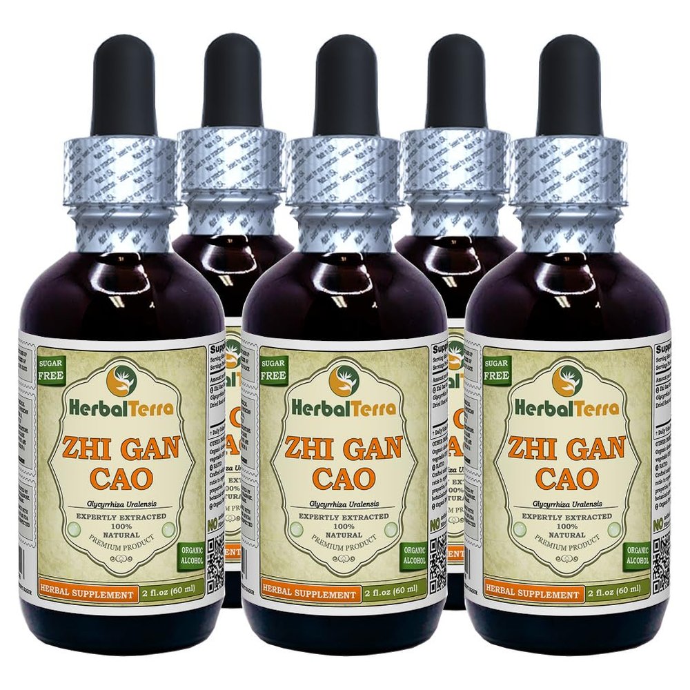 Zhi Gan Cao (Glycyrrhiza Uralensis) Tincture, Organic Dried Processed Root Powder Liquid Extract (Brand Name: HerbalTerra, Proudly Made in USA) 5x2 fl.oz (5x60 ml)
