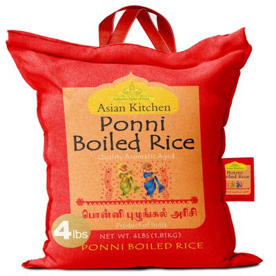 Asian Kitchen Ponni Boiled Rice 4-Pound Bag, 4lbs (1.81kg) Short Grain Par Boiled Rice ~ All Natural | Gluten Friendly | Vegan | Indian Origin | Export Quality