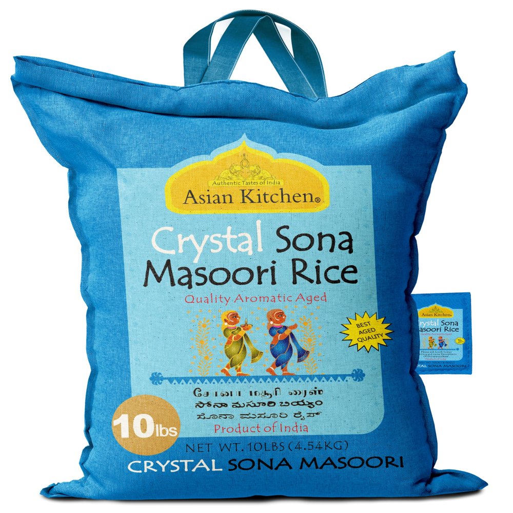 Asian Kitchen Crystal Sona Masoori Aged Rice 10-Pound Bag, 10lbs (4.54kg) Short Grain Rice ~ All Natural | Gluten Friendly | Vegan | Indian Origin | Export Quality