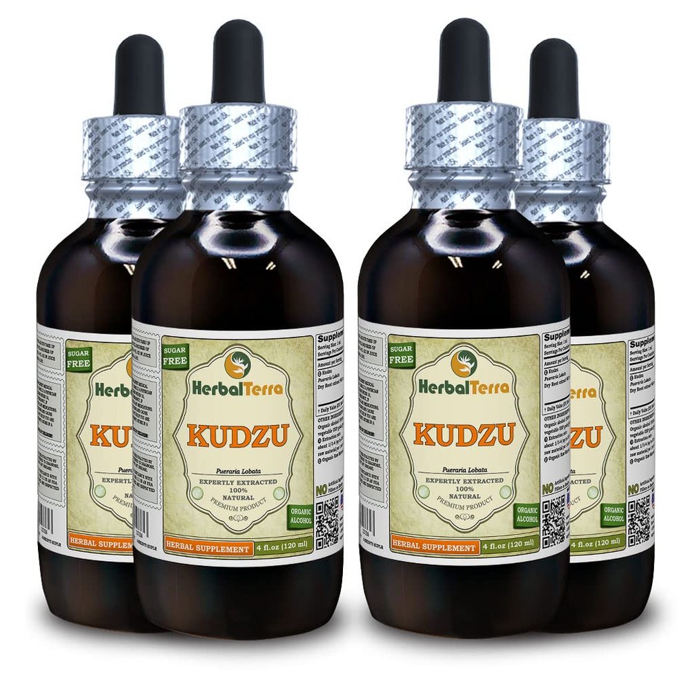 Kudzu (Pueraria Lobata) Tincture, Organic Dried Roots Liquid Extract (Brand Name: HerbalTerra, Proudly Made in USA) 4x4 fl.oz (4x120 ml)